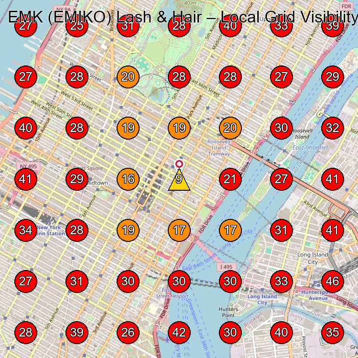 EMK (EMIKO) Lash & Hair GeoGrid visibility map for Hair Salon in New York